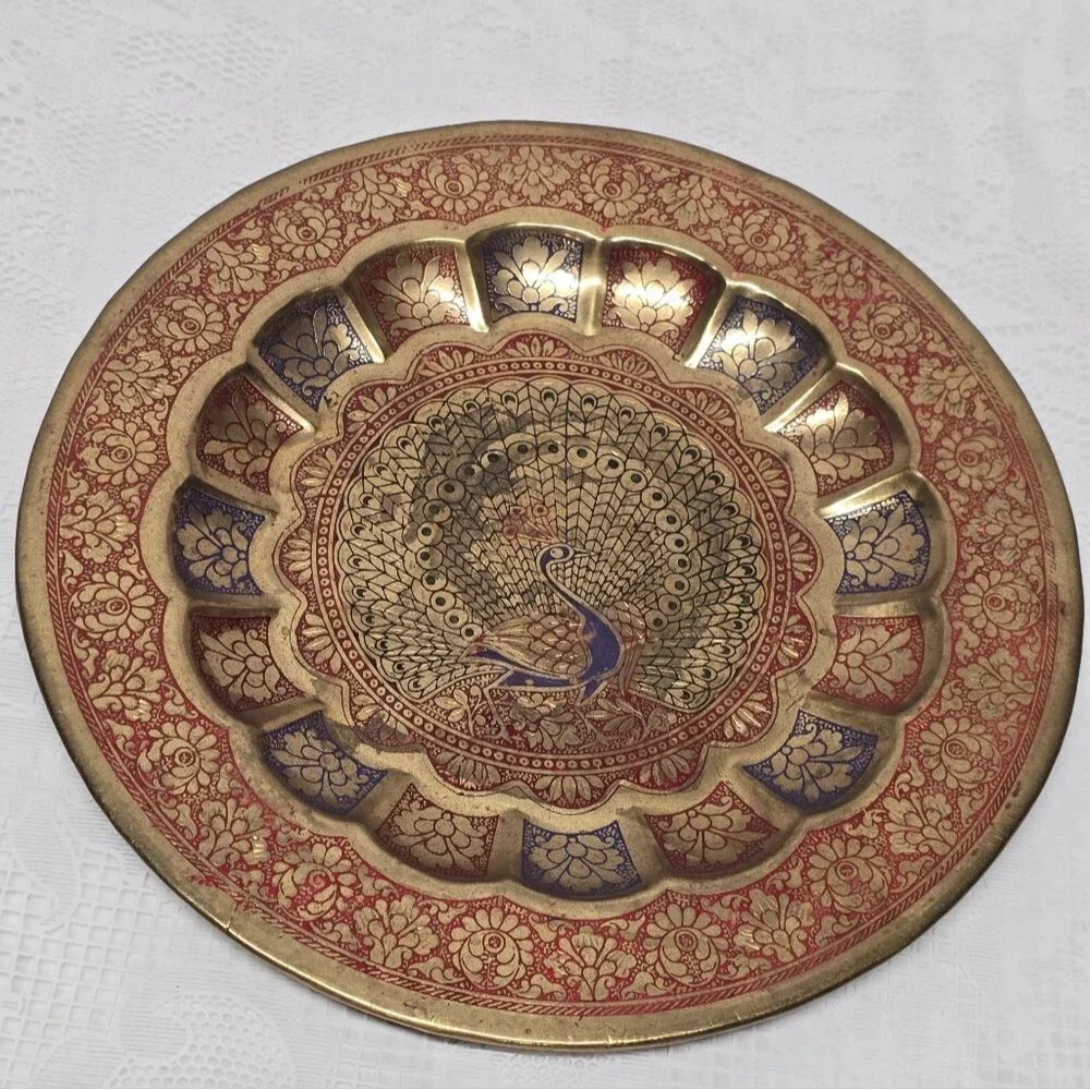 Vintage Engraved Peacock Brass Red Blue Enamel Wall Hanging Traditional Plate